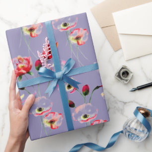 Papel De Presente Padrão de Papoula em Roxo