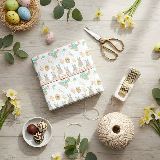 Papel De Presente Padrão de Páscoa Coelho com Laço Pastel