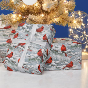 Papel De Presente Padrão de Pássaro Cardinal Vermelho de Inverno Nev