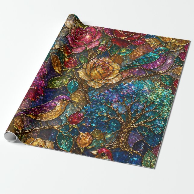 Papel De Presente Padrão de Pássaros Florais da Galáxia (Desenrolado)