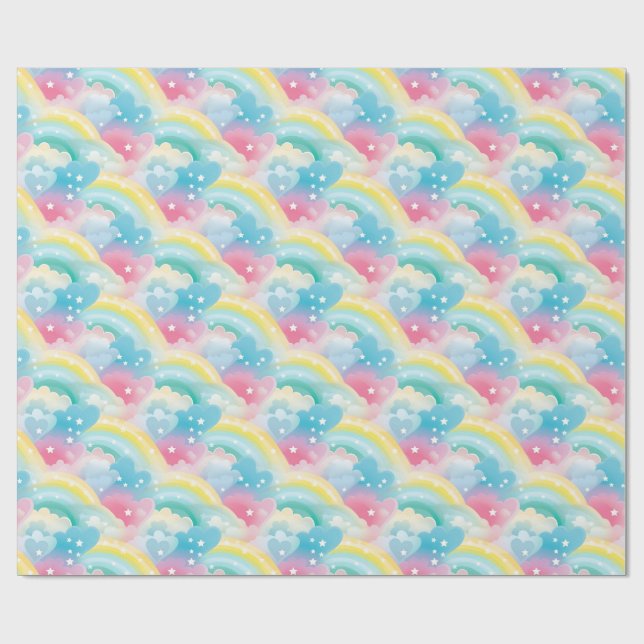 Papel De Presente Padrão de Pastel Whimsical com Corações e Rainbows (Aberto)