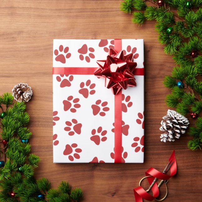 Papel De Presente Padrão De Patas, Patas Cachorros, Patas Vermelhas (Presente de Natal)