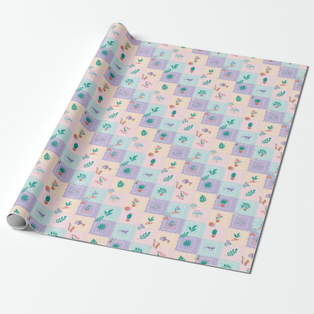 Papel De Presente Padrão de Patchwork de Ícones da Natureza (Desenrolado)