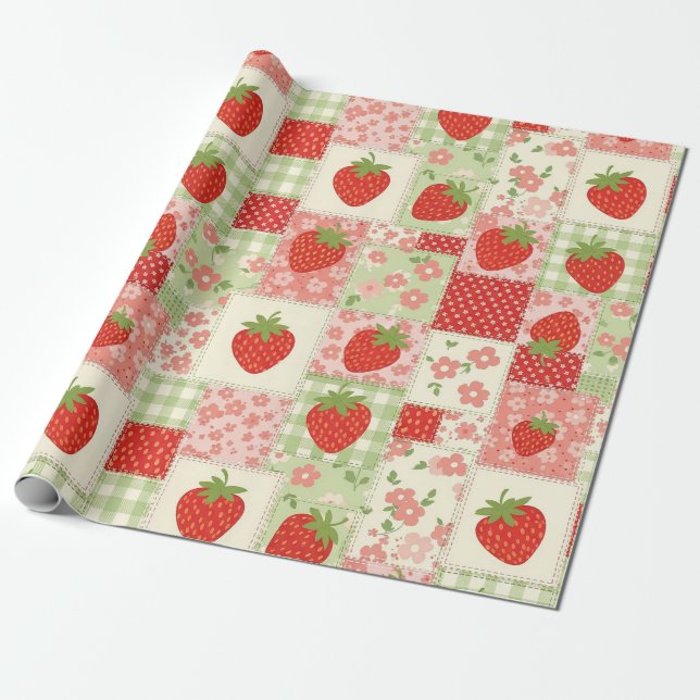 Papel De Presente Padrão de Patchwork de Piquenique de Morango Vinta (Desenrolado)