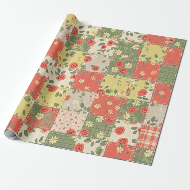 Papel De Presente Padrão de Patchwork Floral de Casa de Campo (Desenrolado)