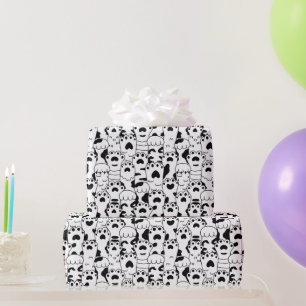 Papel De Presente Padrão de Patinhas de Gatos Fofos Preto Branco 
