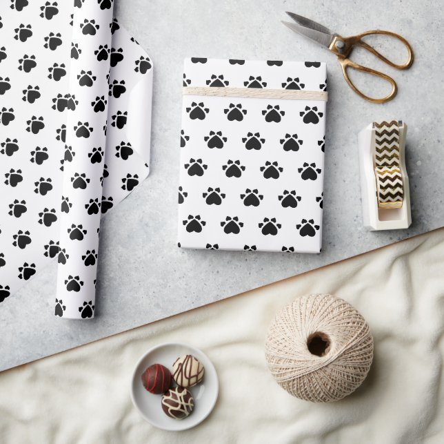 Papel De Presente Padrão de Patinhas e Corações de Cachorrinho Preto (Artesanato)