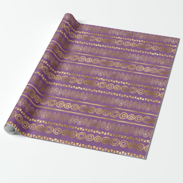 Papel De Presente Padrão de Pavão com Folha Dourada e Roxo Boêmio (Desenrolado)