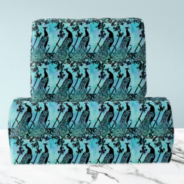 Papel De Presente Padrão de Pavão Negro e Teal Elegante (Criador carregado)