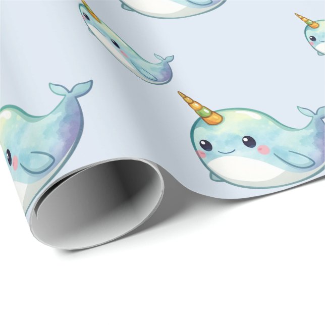 Papel De Presente Padrão de peixe Narval Fofo Aquarela Sob o Mar (Ponta do rolo)