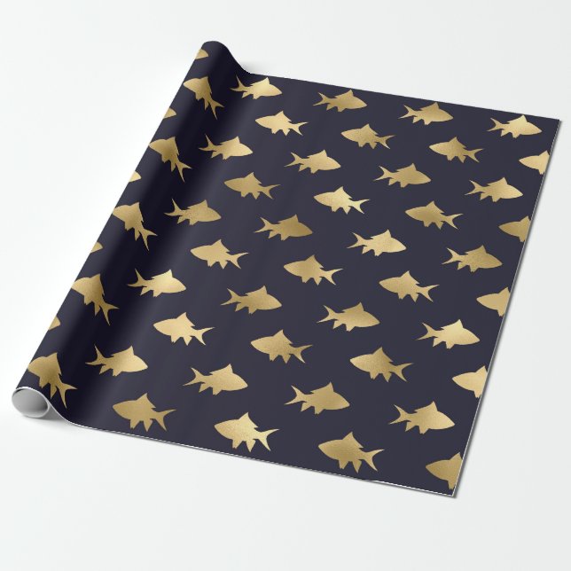 Papel De Presente Padrão de Peixe Náutico Preto e Dourado (Desenrolado)