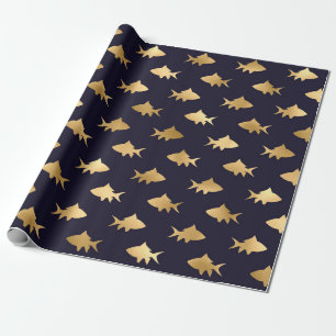 Papel De Presente Padrão de Peixe Preto e Dourado Náutico