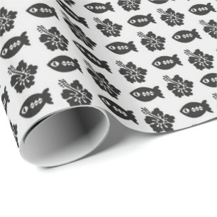 Papel De Presente Padrão de Peixe Tiki Preto e Branco e Flor
