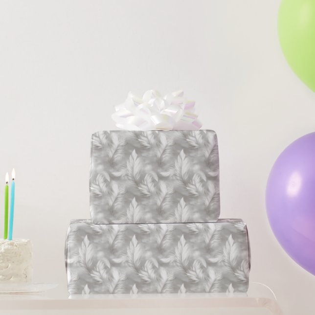 Papel De Presente Padrão de Pena Cinza e Branco Bridal  (Presentes para festas)