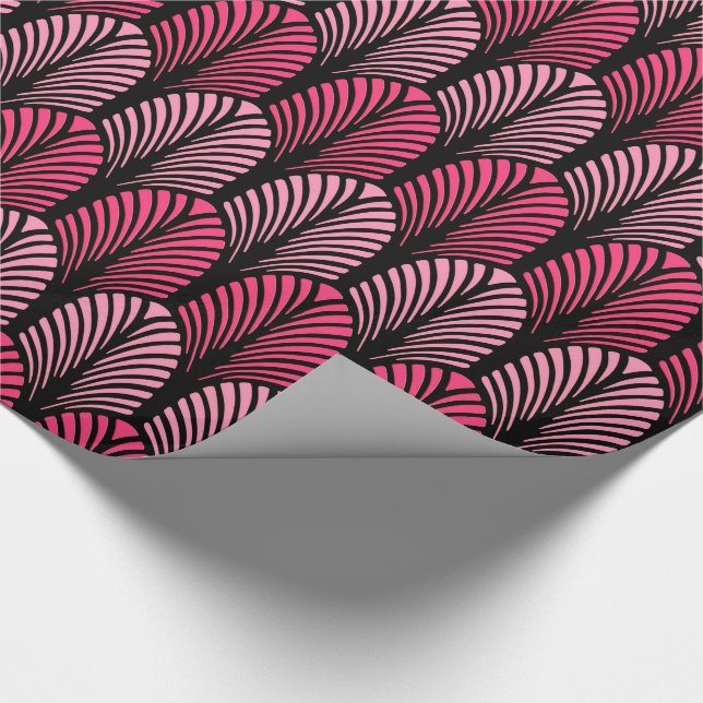 Papel De Presente Padrão de pena de Art Deco, Fuchsia rosa e preto (Ponta)