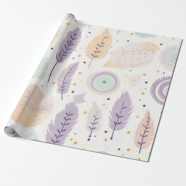 Papel De Presente Padrão de Pena de Pastel Boho com Acentos Geométri (Desenrolado)