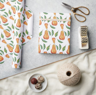 Papel De Presente Padrão de Pêra Arte em Aquarela Pintado à Mão
