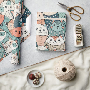 Papel De Presente Padrão de Personagens de Gato Modernos