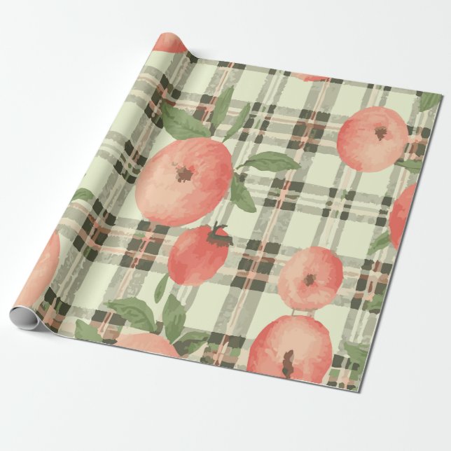 Papel De Presente Padrão de Pêssego Doce em Fundo de Xadrez Rústico (Desenrolado)