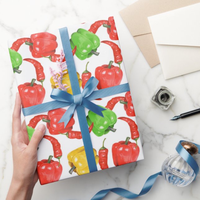 Papel De Presente Padrão de Pimentões em Aquarela  (Presentear)
