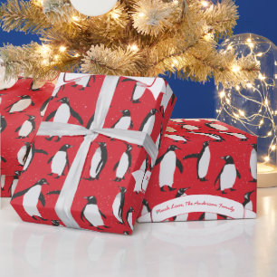 Papel De Presente Padrão de Pinguim Personalizado Vermelho