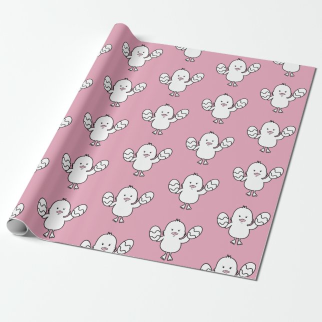 Papel De Presente Padrão de Pintinho e Ovos de Páscoa de Cuta Cor-de (Desenrolado)