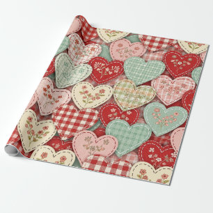 Papel De Presente Padrão de Piquenique Corações Remendados Rústicos 