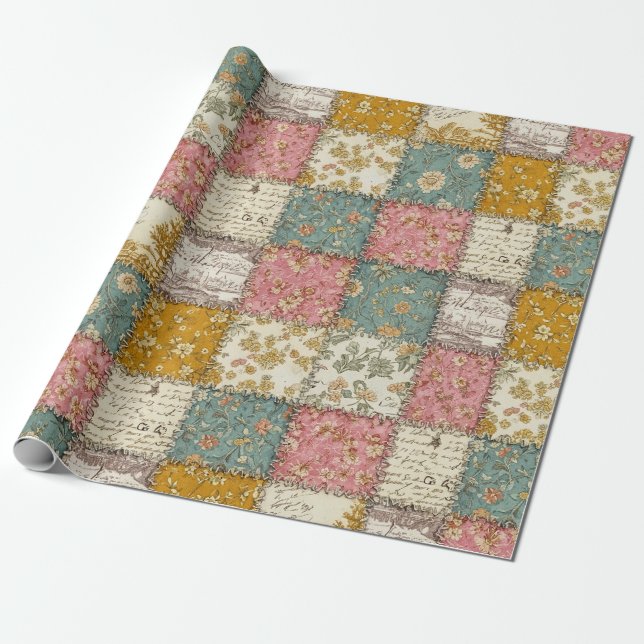 Papel De Presente Padrão de Piquenique em Patchwork Floral Pastel (1 (Desenrolado)