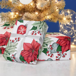 Papel De Presente Padrão de Poinsettia de Natal