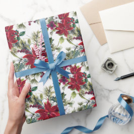 Papel De Presente Padrão de Poinsettia em Aquarela 