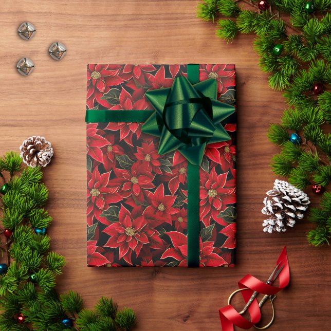 Papel De Presente Padrão de Poinsettia Natal de Férias Vermelhas (Criador carregado)
