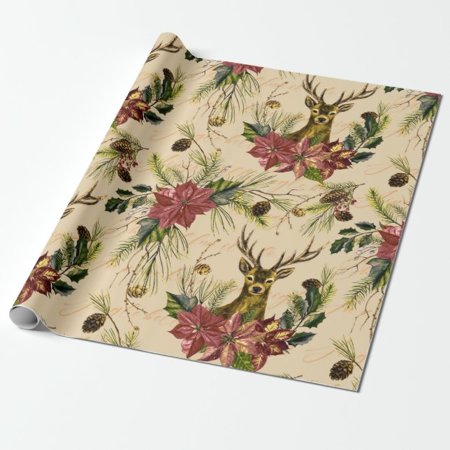 Papel De Presente Padrão de Poinsettia para Reindeer Dourado de Nata (Desenrolado)