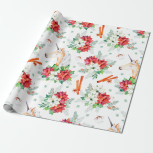 Papel De Presente Padrão de poinsettia vermelha e branca de unicór