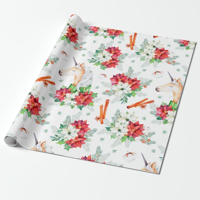 Papel De Presente Padrão de poinsettia vermelha e branca do unicórni (Desenrolado)