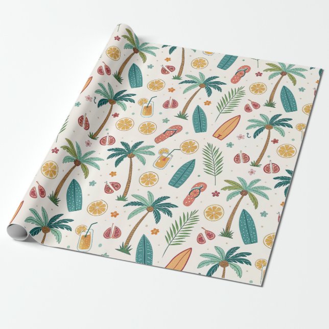Papel De Presente Padrão de Praia de Verão Tropical (1) (Desenrolado)