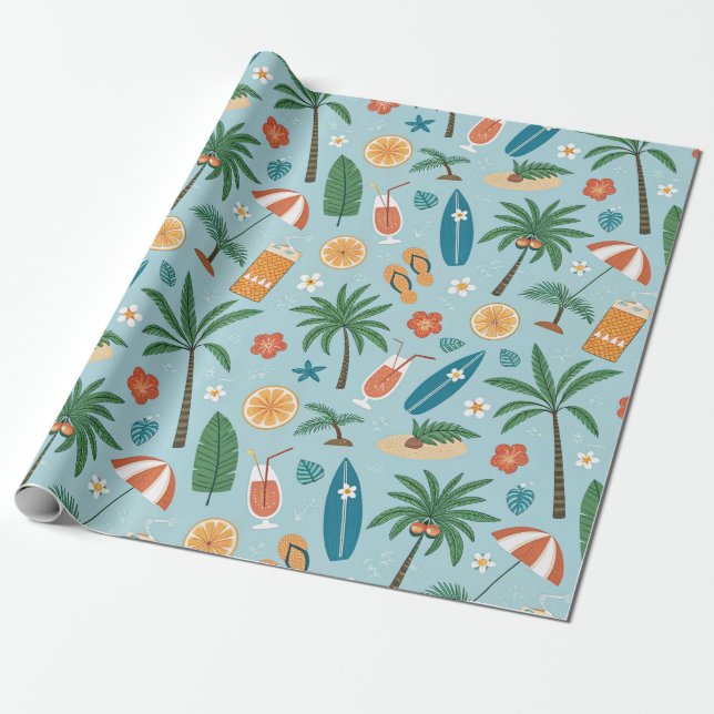 Papel De Presente Padrão de Praia de Verão Tropical (2) (Desenrolado)