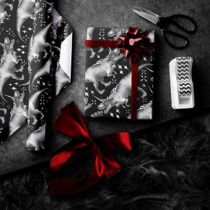 Papel De Presente Padrão de prata do dinocorn Fantasy Black and Wh