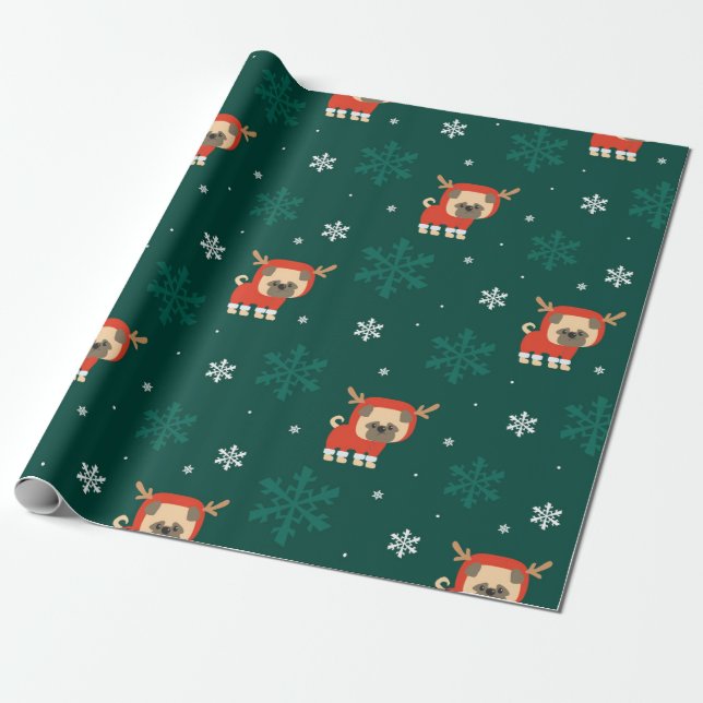 Papel De Presente Padrão de Pug Reindeer de Natal (Desenrolado)