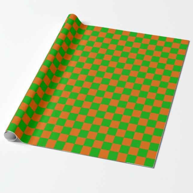 Papel De Presente Padrão de Quadro de Verificação Verde e Laranja (Desenrolado)
