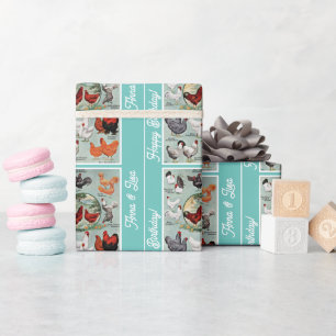 Papel De Presente Padrão de Raças de Frango Antigo de Aniversário