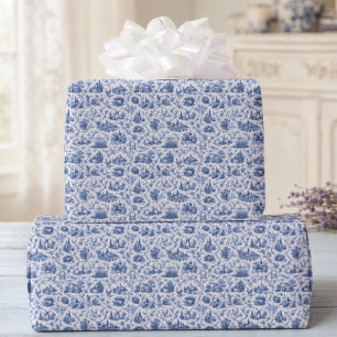 Papel De Presente Padrão de ramagem de rosa Toile Francesa Azul no C