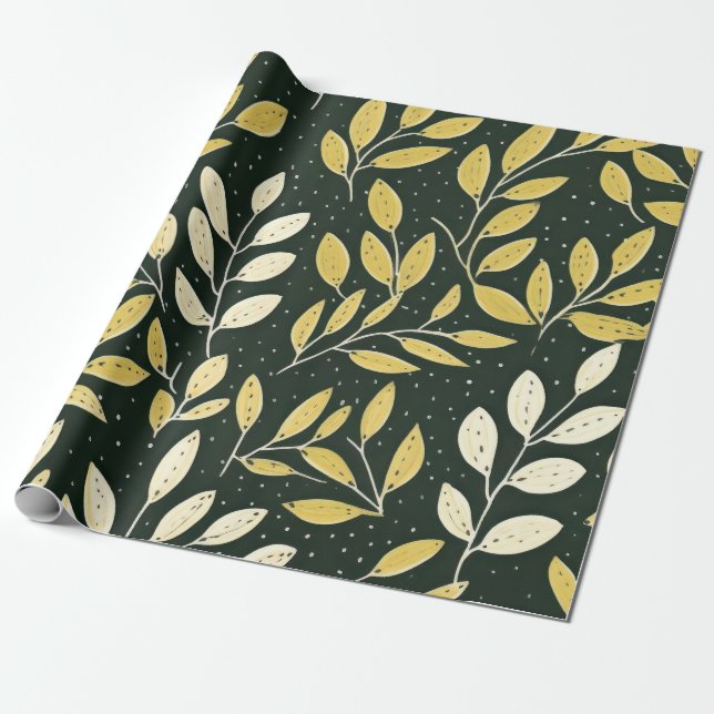 Papel De Presente Padrão de ramos folhosos amarelos e creme (Desenrolado)