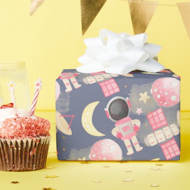 Papel De Presente Padrão de Rapariga Espacial Astronauta (Festa de aniversário)