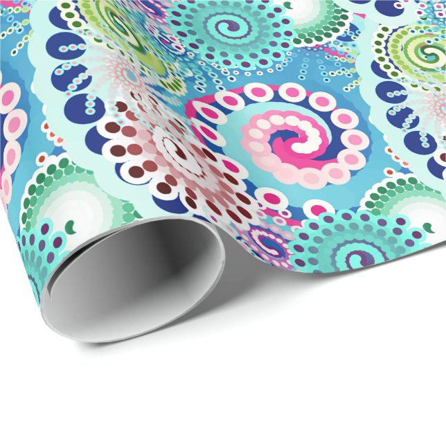 Papel De Presente Padrão de redemoinho fractal, turquesa, rosa, mult (Ponta do rolo)