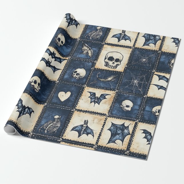 Papel De Presente Padrão de Remendo de Jeans de Halloween Gótico (Desenrolado)