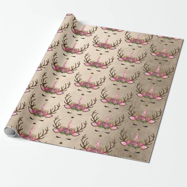 Papel De Presente padrão de renas unicórnio Pintinho de cobre rosa d (Desenrolado)