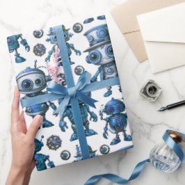 Papel De Presente Padrão de Robô Azul