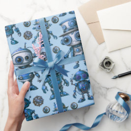 Papel De Presente Padrão de Robô Azul
