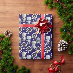 Papel De Presente Padrão de Robôs Fofos. CUTERB01.Fundo Azul Escuro