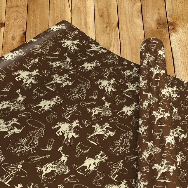 Papel De Presente Padrão de Rodeio de Cowboy Ocidental Marrom Escuro (Criador carregado)